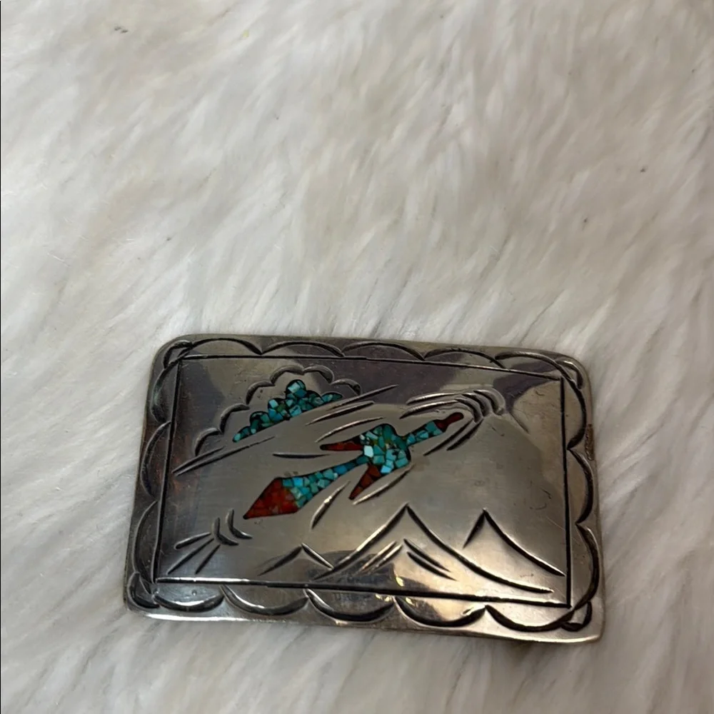 Vintage Nezzie Navajo Silver and Turquoise Inlay Belt Buckle Native American